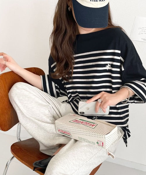 【sustaina+】ラフにキマる大人スタイル。オーガニックコットン100%オーバーサイズパネルボーダーTシャツ(半袖) ce1260324