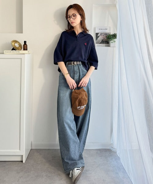 抜け感のあるゆったりシルエット。胸刺繍で上品さをプラス♪胸刺繍ルーズポロニットプルオーバー(半袖) ce1240115