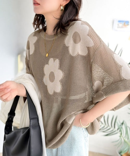 配色花柄で華やかに決まる♪フラワーモチーフジャガードメッシュサマーニット ce1350015