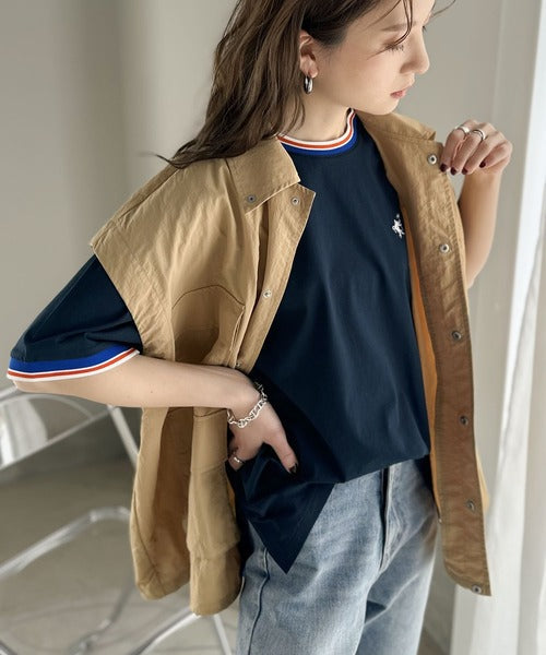 《JaVa ジャバコラボ》大人スポーティー。綿100%シルケット 配色刺繍Tシャツ jv1050074