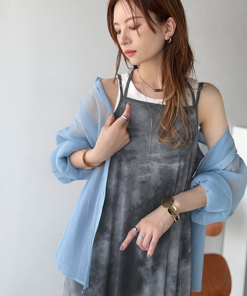 そよ風シフォン♪ふわり柔らかシルエットで“涼”を着回す。前後2wayチュールレイヤードロングキャミワンピース（ブラック＆マーブル柄） ce1240090