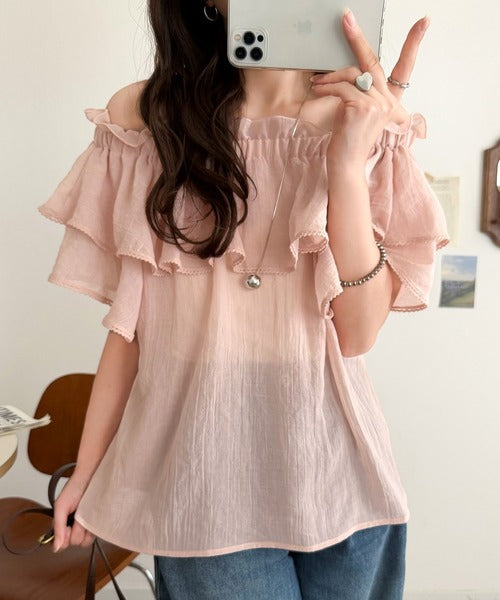 【mily bilet】マルチウェイで360度どこから見ても可愛い！ギャザーフリルリボンブラウス（半袖） mi1019132