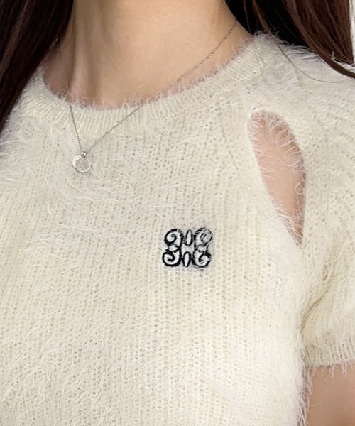 【mily bilet】ふんわり大人ガーリーな雰囲気を。胸刺繍肩スリット半袖シャギーニットプルオーバー mi1259013