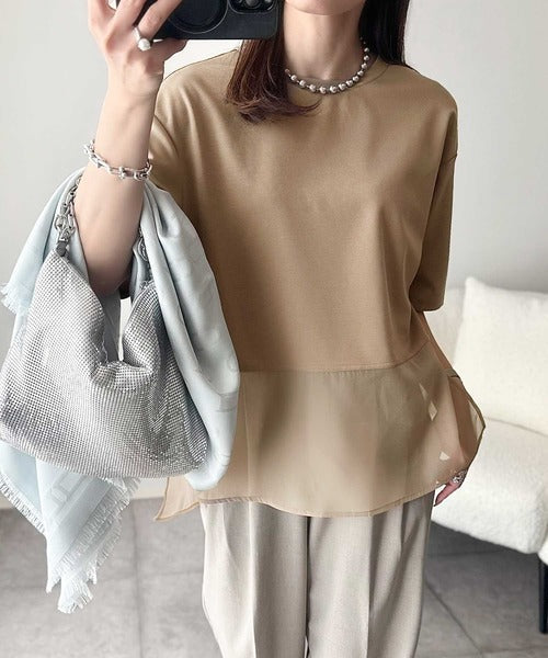 春夏に涼しさ引き立てる透け感が◎裾シアー切り替えライトダンボール半袖Tシャツ ce1110116