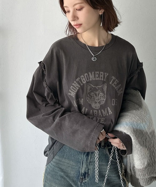 レディなヴィンテージスタイル。綿100％カレッジピグメント袖フリルTシャツ ce1020221