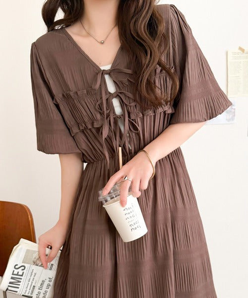 【mily bilet】1枚で華やぐ♪揺れ感シアーフリルリボンプリーツロングワンピース mi1019134