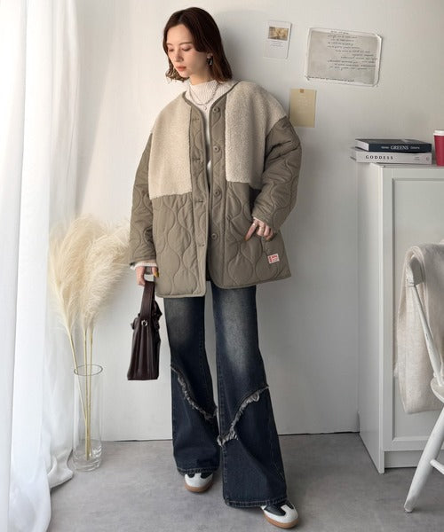 《JaVaジャバコラボ》軽くて暖かい、旬顔ボア切替♪ノーカラーひょうたんキルティングコート jv1240103