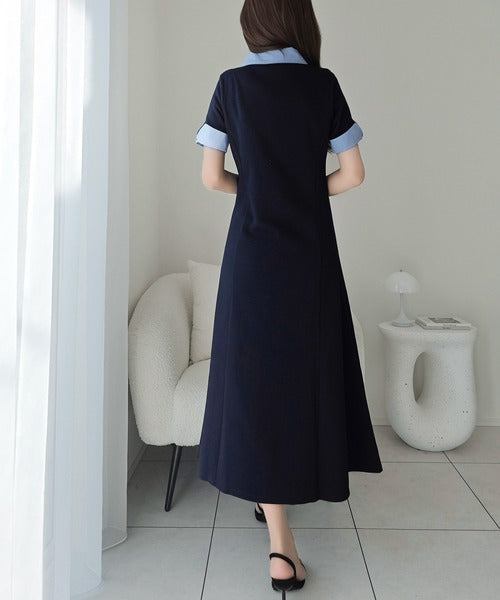 【mily bilet】パネルラインが描く美シルエット。ハーフスリーブポロワンピース (ロング丈) mi1329100