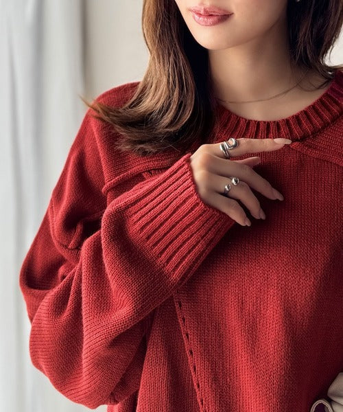 【mily bilet】ゆるっとシルエットが魅せる、大人の余裕。前後２WAYフロント切り替えニットプルオーバー（長袖） mi1329046
