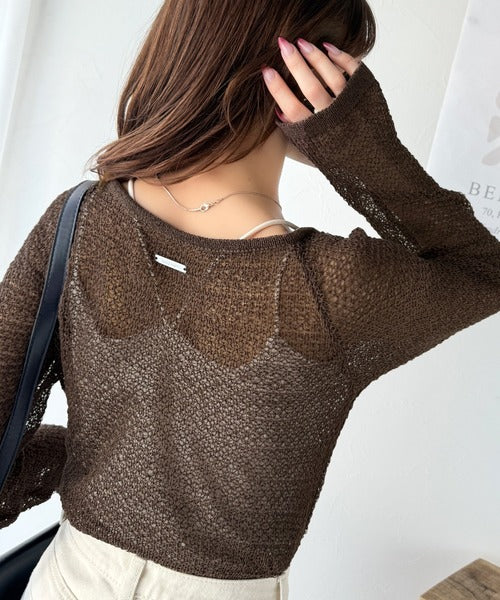 【mily bilet】大人かわいい肌見せを叶える。プレートデザイン前後2WAYメッシュ編み肩リボンニットプルオーバー（長袖） mi1259014