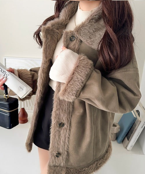 【mily bilet】甘さと気品で冬を楽しむ。ファー切り替えスウェードライクコート（ミドル丈） mi1019097