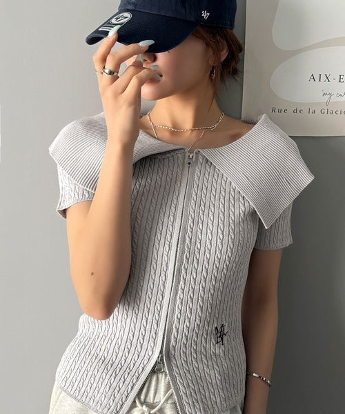 【mily bilet】抜け感レディースタイル。ロゴ刺繍オフショル２WAYダブルジップケーブル柄サマーニット（半袖） mi1029121