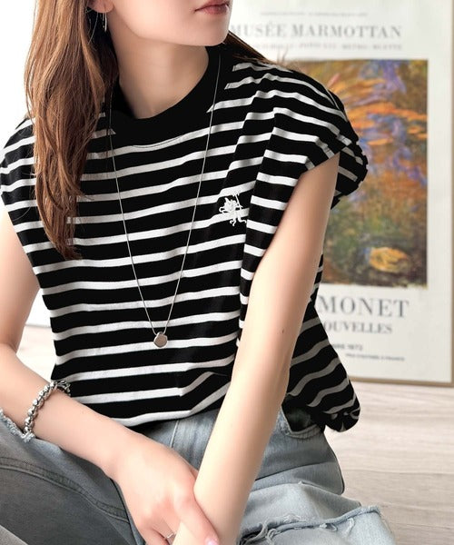 大人女子の上品ベーシック。綿100％シルケットモックネックフレンチTシャツ(刺繍) ce1260395