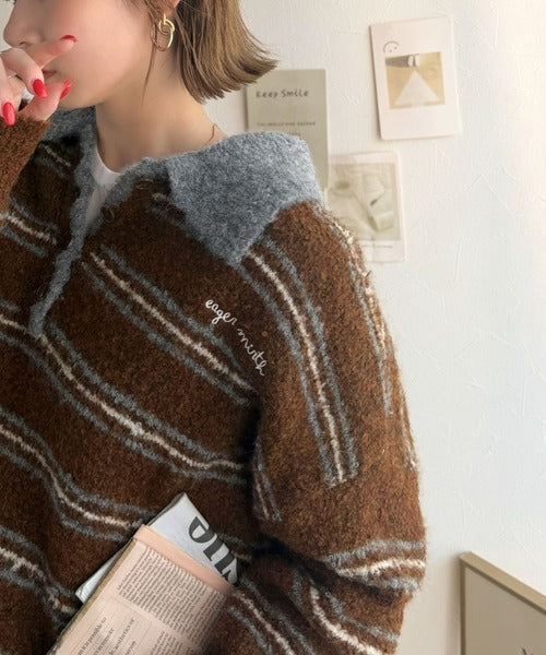 メンズライクに女子っぽさを。胸刺繍ブークレ配色ボーダーニットポロ（長袖） ce1240142