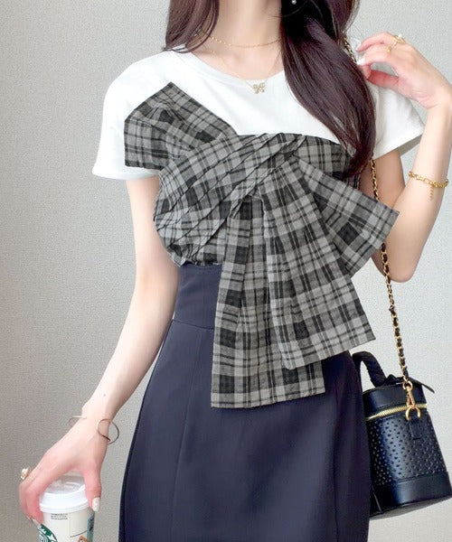 【mily bilet】忙しい朝も悩まない、初夏の一軍トップス。リボンビスチェドッキングTシャツ (半袖) mi1019145