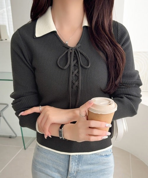 【mily bilet】大人可愛いは、引き算しない。ダブル襟配色レースアップリボンニットトップス（長袖） mi1359090