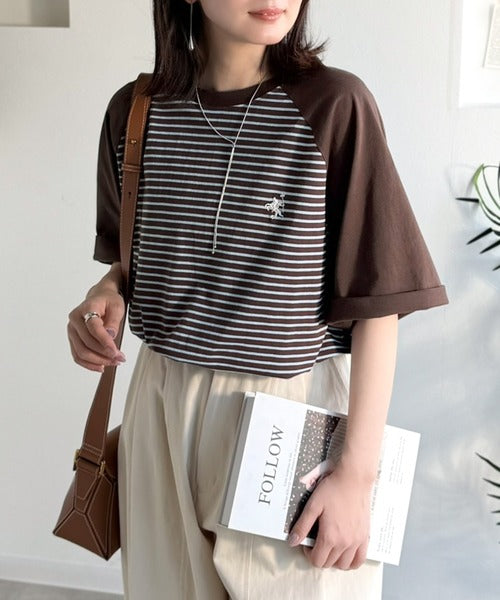 《JaVaジャバコラボ》お洒落迷子の救世主。綿100％胸刺繍ラグラン配色ボーダーTシャツ jv1260558
