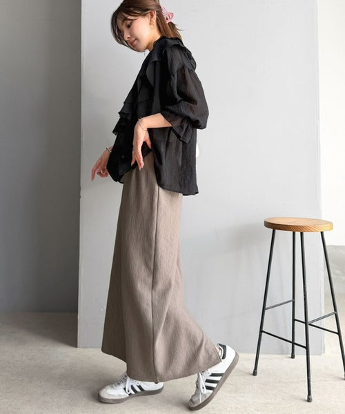 【吸水速乾・防シワ機能付き】お手入れラクチン♪縦ライン強調で、すっきり細見え。ウェーブジャガードIラインスカート（ロング） ce1000013