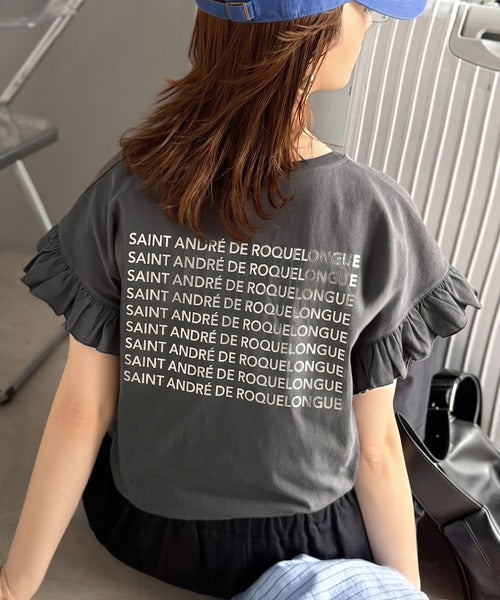 《JaVaジャバコラボ》着るだけで主役級。綿100％バック箔プリント袖フリルTシャツ（半袖） jv1330104