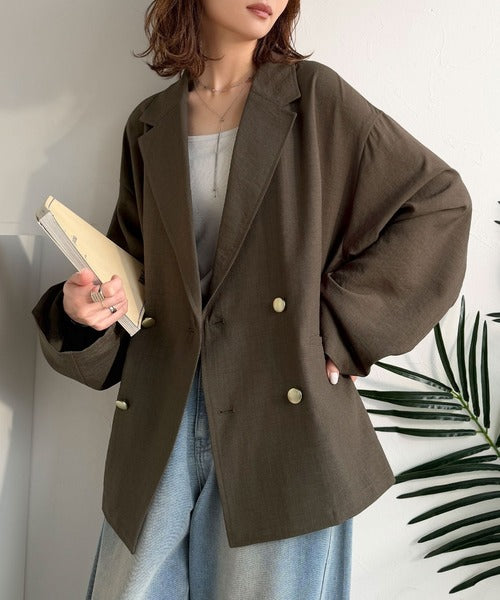 【UVカット、防シワ、接触冷感、吸水速乾機能付き】さらり羽織れるライトさで、楽なのに上品見え。ビックシルエット金ボタンダブルジャケット ce1265041