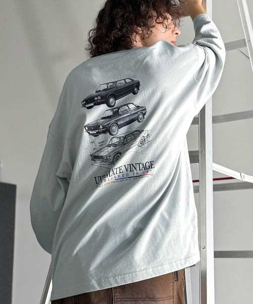 《JaVaジャバコラボ》ヴィンテージ感漂う綿100%クラシックカーグラフィックTシャツ（長袖） jo1150067
