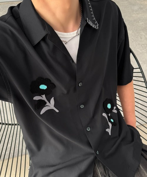 【接触冷感機能付き】サガラ刺繍フラワーステッチシャツ／Cool-Touch Fabric Sagara Embroidered Flower Stitch Shirt (半袖) co1320019