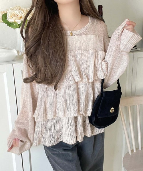 ふんわり大人フェミニン♪ティアードフリルモヘアタッチメッシュ編みニット（長袖） ce1260477