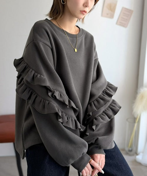 《JaVaジャバコラボ》6色展開♪スウェット界の甘さ革命!!!着心地あったか！袖2段フリル裏起毛オーバーサイズスウェット jv1010683