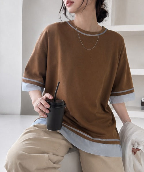 《JaVa ジャバコラボ》異素材ミックスで魅せる、大人のこなれ感。チュールドッキング配色ステッチトップス（半袖） jv1330094