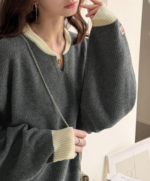 《JaVaジャバコラボ》ざっくり×配色が旬顔。配色スキッパーオーバーサイズ鹿の子編みニット（長袖） jv1410040