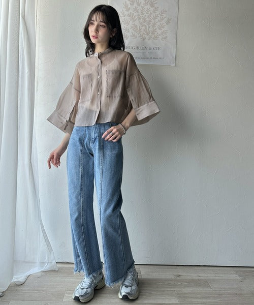 ゆるっと大人の余裕。ワイドハーフスリーブシアーバンドカラーショートシャツ（半袖） ce1110098