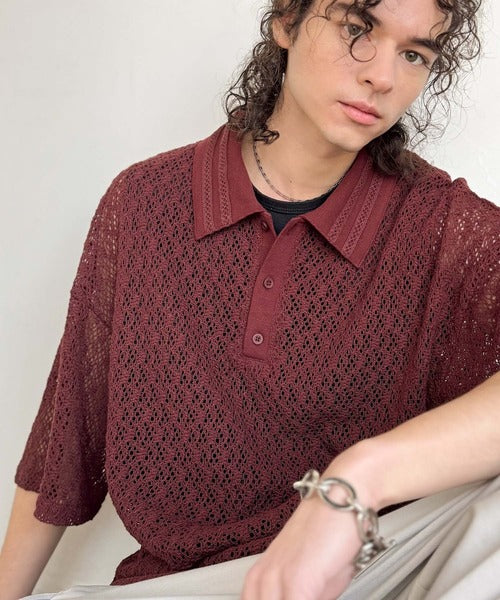 「透け感、モードの余韻。」衿ダブルライン使いレース柄ニットポロシャツ/Lace Detail Knit Polo Shirt co1010010