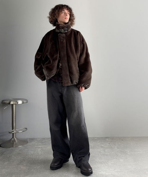 【Classical Origin】「3wayアレンジ可能。」ベルト襟フェイクファー素材ジャケット／Belted Collar Faux Fur Jacket co1150080