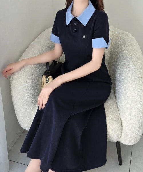 【mily bilet】パネルラインが描く美シルエット。ハーフスリーブポロワンピース (ロング丈) mi1329100