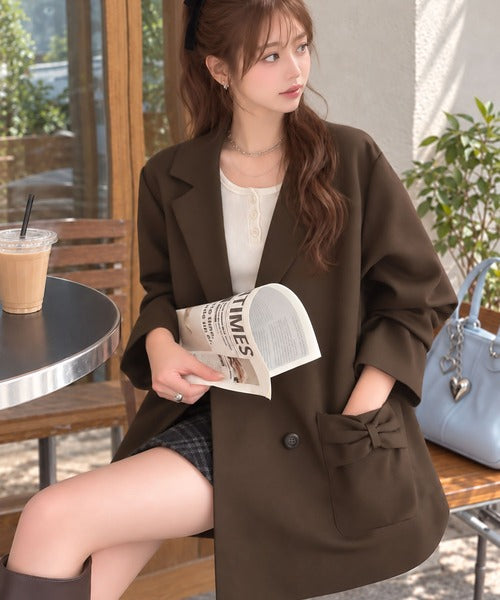 【mily bilet】ハンサムジャケットにリボンで甘さをひとさじ、羽織るだけで大人ガーリー♪リボンポケットテーラードジャケット mi1329107