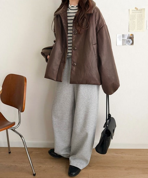 レザーって、こんなに可愛く着られる！大人可愛い丸みシルエット♪フェイクレザー中綿入りステンカラーショートジャケット ce1070253
