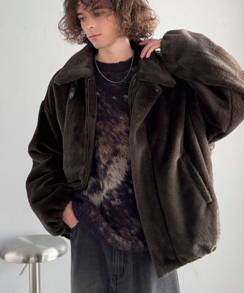 【Classical Origin】「3wayアレンジ可能。」ベルト襟フェイクファー素材ジャケット／Belted Collar Faux Fur Jacket co1150080