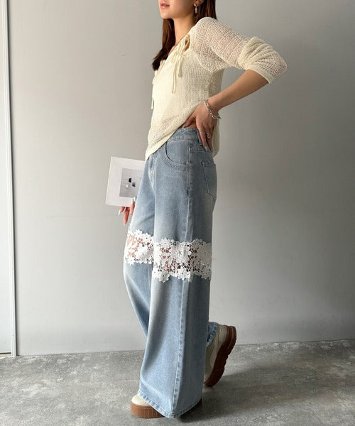 【mily bilet】特別な個性を持つオンリーワンの仕上がり！花柄レースワイドデニムパンツ mi1139076