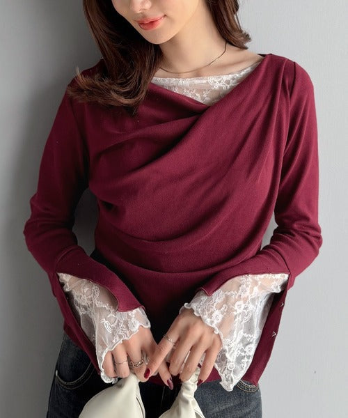 【mily bilet】「ちら見え」が可愛い♪レース切替え胸元ドレープフレアスリーブプルオーバー（長袖） mi1359019
