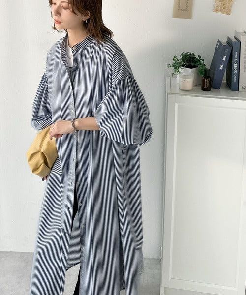 着方自在でロングシーズン活躍◎柄アソートバンドカラービッグシャツワンピ ce1010478