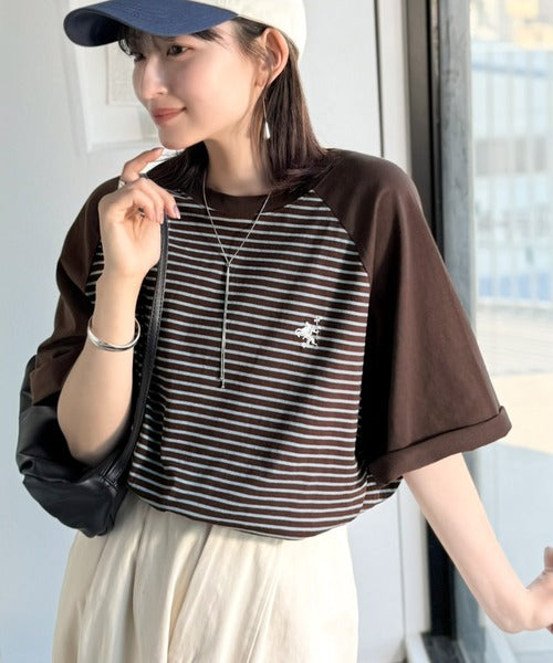 《JaVaジャバコラボ》お洒落迷子の救世主。綿100％胸刺繍ラグラン配色ボーダーTシャツ jv1260558