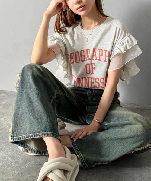 【mily bilet】可愛さふわり2倍増し！ ダブルフリル袖カレッジライクロゴゆるTシャツ mi1329036