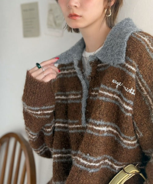 メンズライクに女子っぽさを。胸刺繍ブークレ配色ボーダーニットポロ（長袖） ce1240142