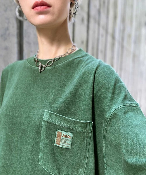 《JaVaジャバ コラボ》綿100％ピグメント加工ポケット付きロングTee jv1029002