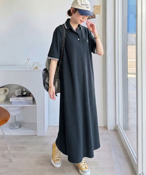 【UVカット機能付き】嬉しい体型カバー◎フレアラインが揺れる オーバーサイズワッフルポロワンピース（半袖） ce0940263