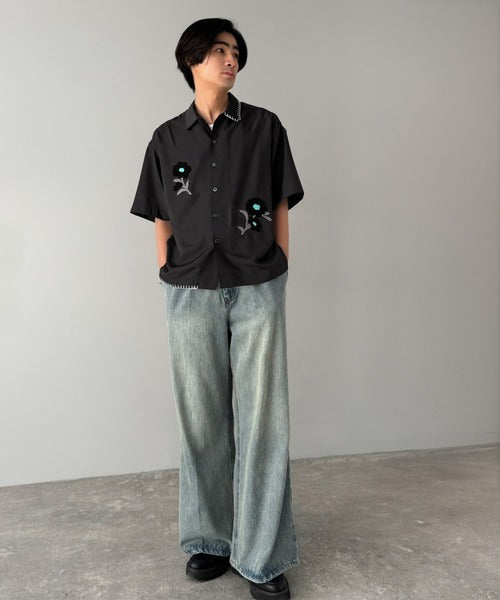 【接触冷感機能付き】サガラ刺繍フラワーステッチシャツ／Cool-Touch Fabric Sagara Embroidered Flower Stitch Shirt (半袖) co1320019