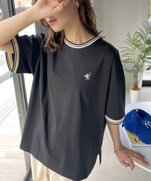 《JaVa ジャバコラボ》大人スポーティー。綿100%シルケット 配色刺繍Tシャツ jv1050074