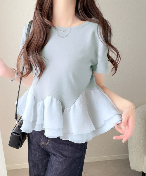 【mily bilet】可憐に揺れて、ときめきを纏う♪前後2wayペプラム切替フリルデザインTシャツ（半袖） mi1019140