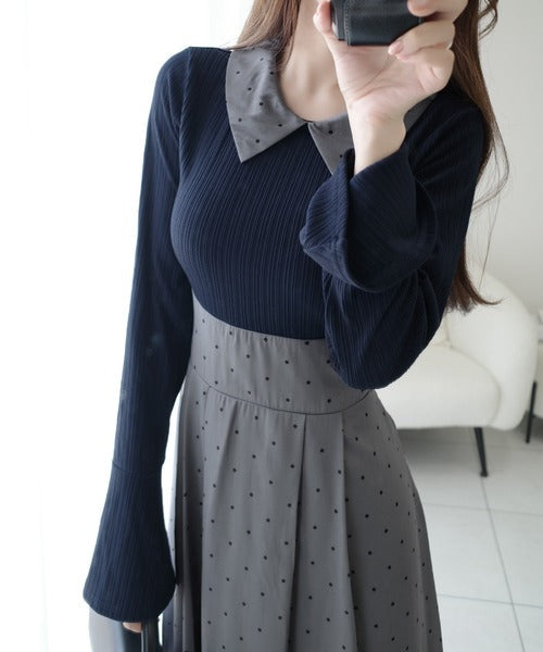 【mily bilet】清楚見えする切り替え配色フレア袖ドッキングワンピース（ロング丈） mi1139094