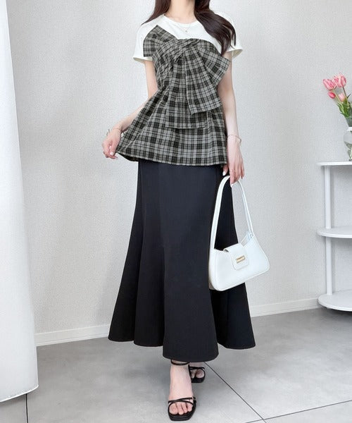 【mily bilet】忙しい朝も悩まない、初夏の一軍トップス。リボンビスチェドッキングTシャツ (半袖) mi1019145